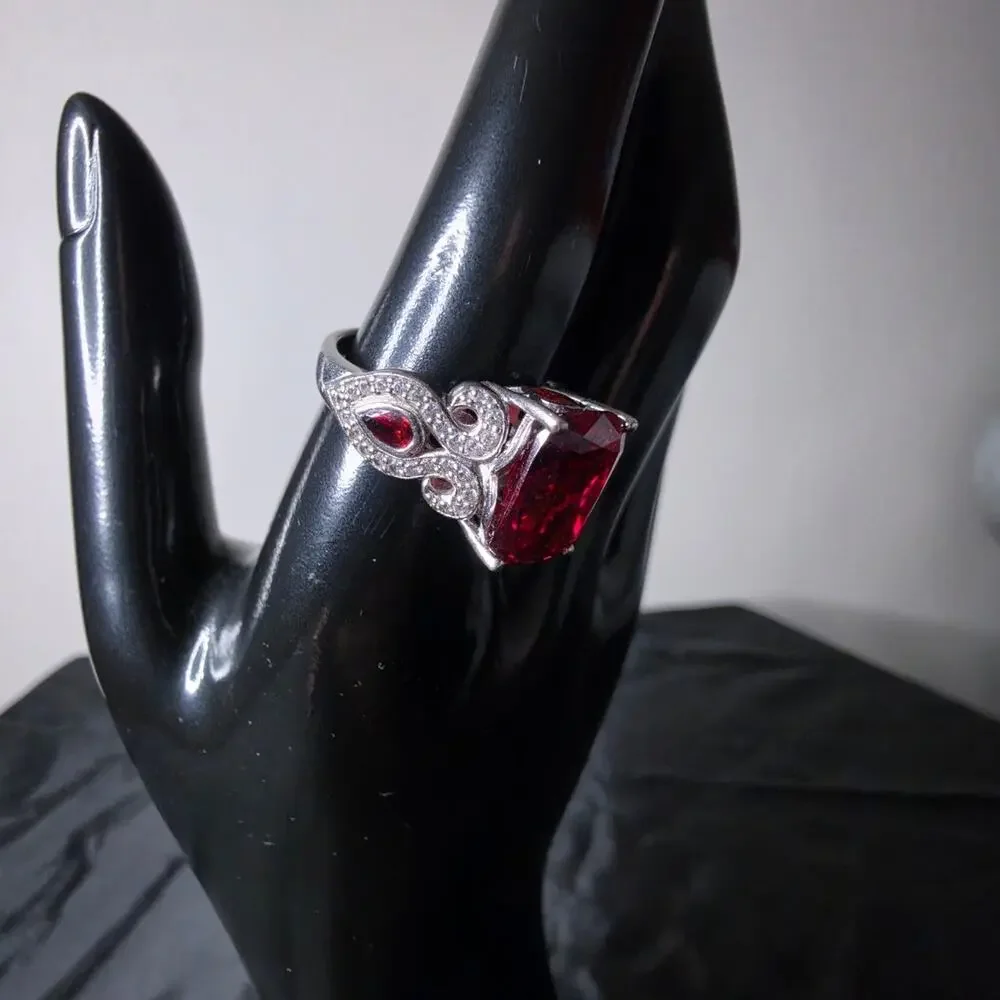 Emerald Cut Sim Garnett Cocktail Ring Rhodium over Sterling Silver Size 9